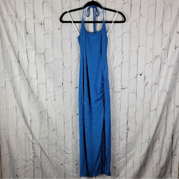 Hello Molly blue no bad vibes tie halter ruched side slit woven midi dress - Picture 6 of 12